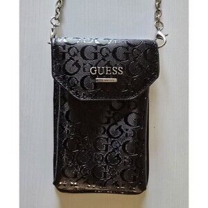 Guess Small Black Crossbody Phone Purse With Card Holder Silver Hardware